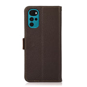 For Motorola Moto G22 KHAZNEH Side-Magnetic Litchi Genuine Leather RFID Phone Case(Brown)