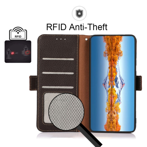 For Motorola Moto G22 KHAZNEH Side-Magnetic Litchi Genuine Leather RFID Phone Case(Brown)