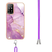 For OPPO A94 5G / A95 5G Electroplating Marble IMD TPU Phone Case with Lanyard(Purple 001)
