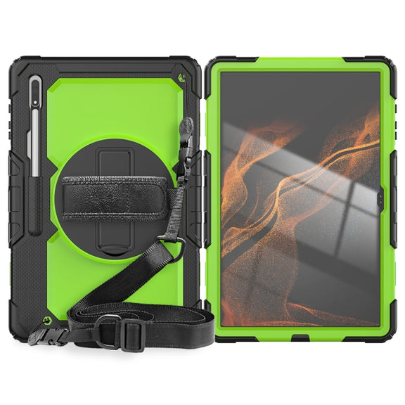 For Samsung Galaxy Tab S10 Ultra / S9 Ultra / S8 Ultra Silicone + PC Tablet Case with Shoulder Strap(Black+Yellow Green)