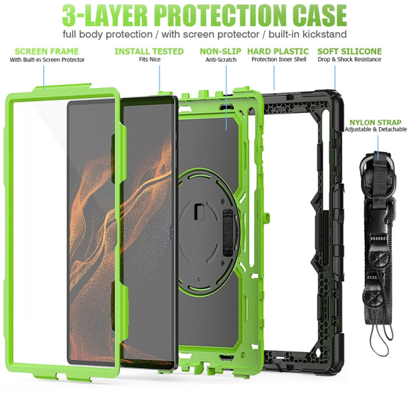 For Samsung Galaxy Tab S10 Ultra / S9 Ultra / S8 Ultra Silicone + PC Tablet Case with Shoulder Strap(Black+Yellow Green)