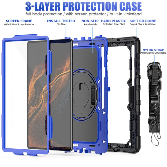 For Samsung Galaxy Tab S10 Ultra / S9 Ultra / S8 Ultra Silicone + PC Tablet Case with Shoulder Strap(Black+Dark Blue)