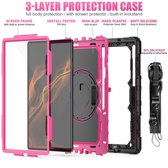 For Samsung Galaxy Tab S10 Ultra / S9 Ultra / S8 Ultra Silicone + PC Tablet Case with Shoulder Strap(Black+Rose Red)