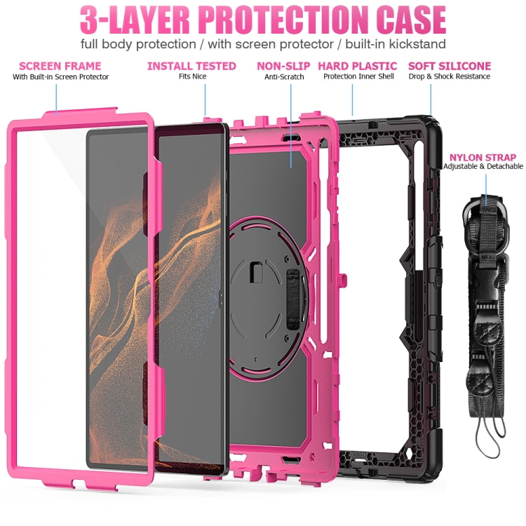 For Samsung Galaxy Tab S10 Ultra / S9 Ultra / S8 Ultra Silicone + PC Tablet Case with Shoulder Strap(Black+Rose Red)