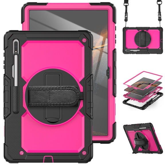 For Samsung Galaxy Tab S10 Ultra / S9 Ultra / S8 Ultra Silicone + PC Tablet Case with Shoulder Strap(Black+Rose Red)