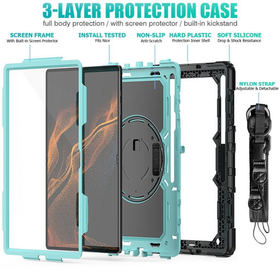 For Samsung Galaxy Tab S10 Ultra / S9 Ultra / S8 Ultra Silicone + PC Tablet Case with Shoulder Strap(Black+Light Blue)