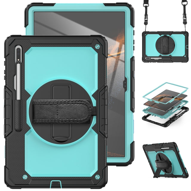 For Samsung Galaxy Tab S10 Ultra / S9 Ultra / S8 Ultra Silicone + PC Tablet Case with Shoulder Strap(Black+Light Blue)