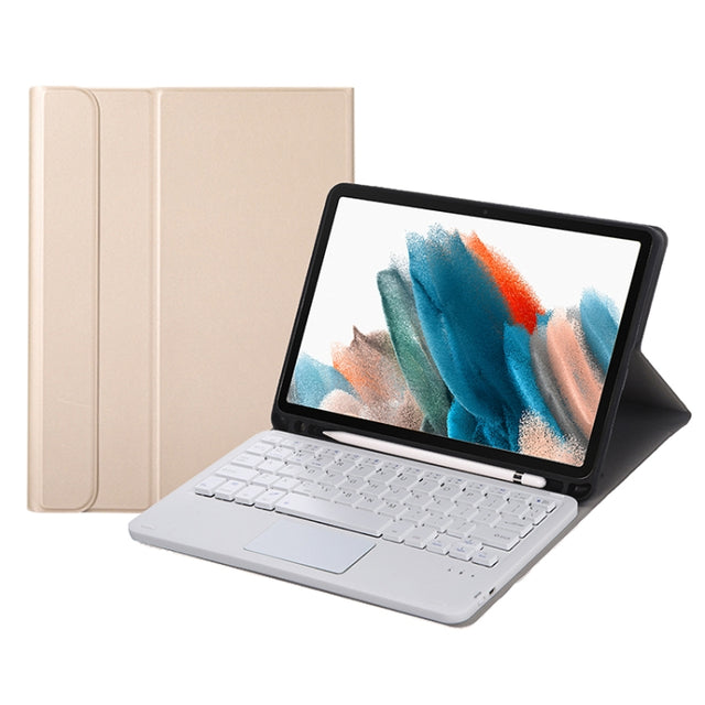 A08B-A Bluetooth Keyboard Leather Case with Pen Slot & Touchpad For Samsung Galaxy Tab A8 2021 SM-X205 / SM-X200(Gold)