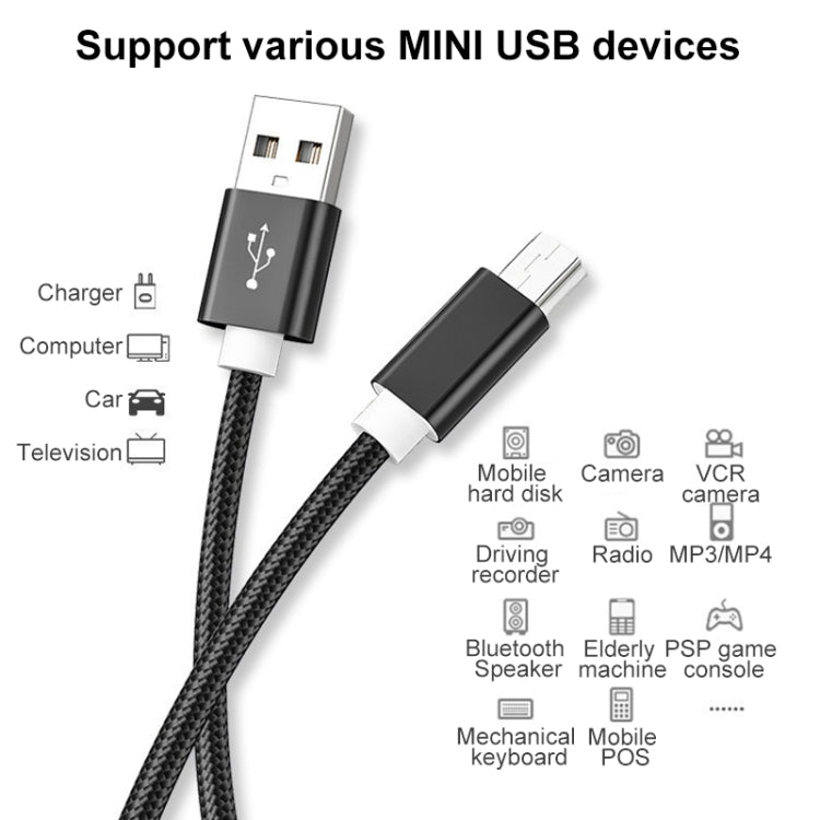 5 PCS Mini USB to USB A Woven Data / Charge Cable for MP3, Camera, Car DVR, Length:2m(Black) - free shipping - PMC TechLife - Order now!