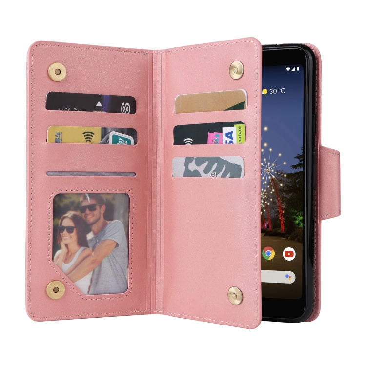 For Google Pixel 3A Rivet Buckle 9 Cards Three Fold Leather Phone Case(Rose Gold) - Google Cases by PMC TechLife | Online Shopping South Africa | PMC TechLife | Buy Now Pay Later Mobicred