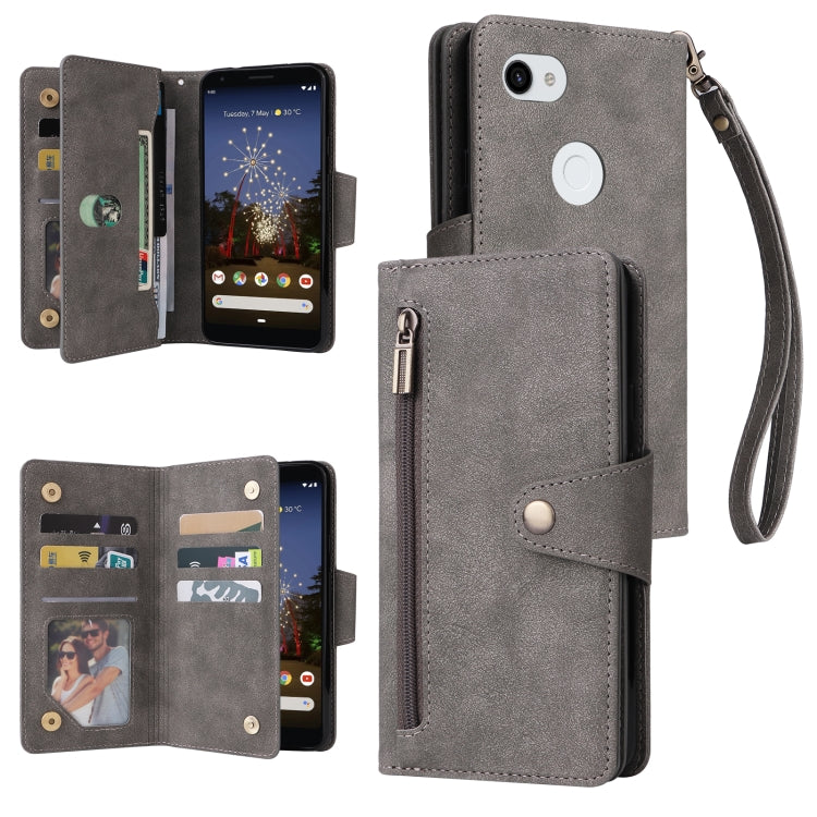 For Google Pixel 3A XL Rivet Buckle 9 Cards Three Fold Leather Phone Case(Grey) - Google Cases by PMC TechLife | Online Shopping South Africa | PMC TechLife | Buy Now Pay Later Mobicred