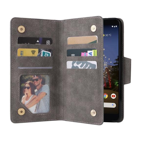 For Google Pixel 3A XL Rivet Buckle 9 Cards Three Fold Leather Phone Case(Grey)