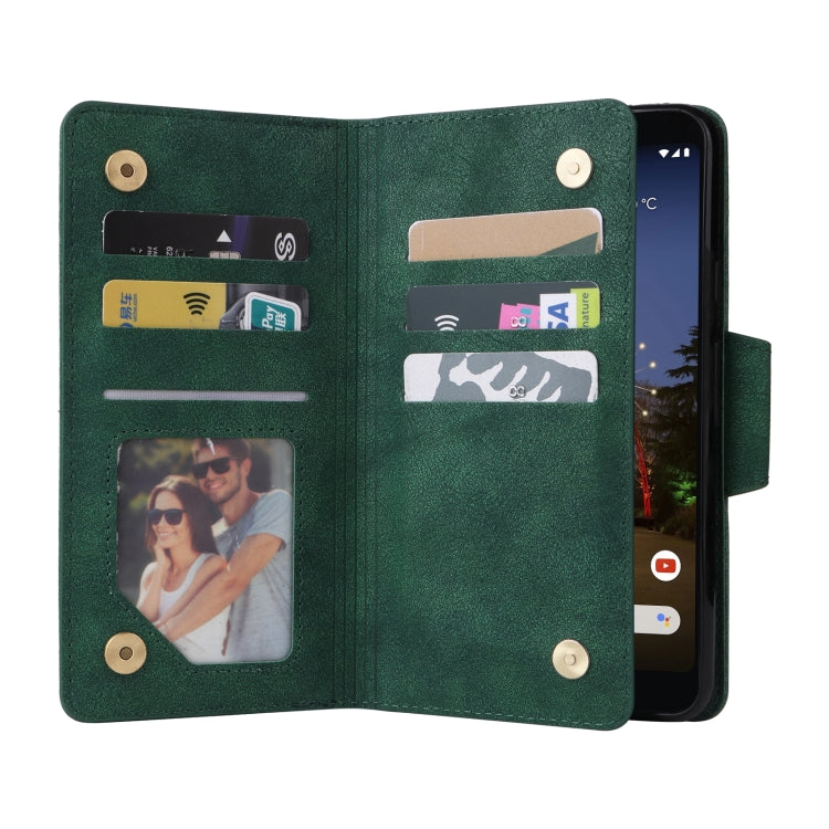 For Google Pixel 3A XL Rivet Buckle 9 Cards Three Fold Leather Phone Case(Green)