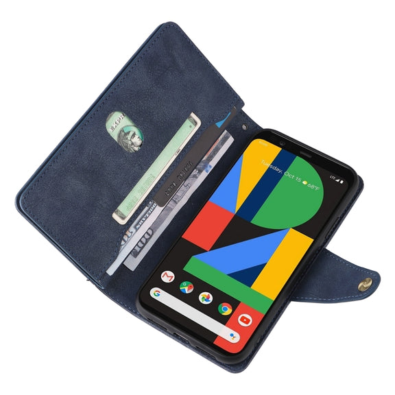 For Google Pixel 4 Rivet Buckle 9 Cards Three Fold Leather Phone Case(Blue)