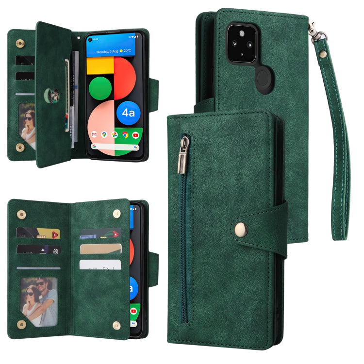 For Google Pixel 4A 5G Rivet Buckle 9 Cards Three Fold Leather Phone Case(Green) - Google Cases by PMC TechLife | Online Shopping South Africa | PMC TechLife | Buy Now Pay Later Mobicred