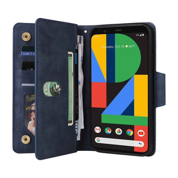 For Google Pixel 4 XL Rivet Buckle 9 Cards Three Fold Leather Phone Case(Blue) - Google Cases by PMC TechLife | Online Shopping South Africa | PMC TechLife | Buy Now Pay Later Mobicred