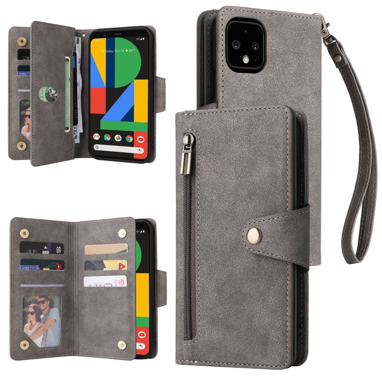 For Google Pixel 4 XL Rivet Buckle 9 Cards Three Fold Leather Phone Case(Grey) - Google Cases by PMC TechLife | Online Shopping South Africa | PMC TechLife | Buy Now Pay Later Mobicred