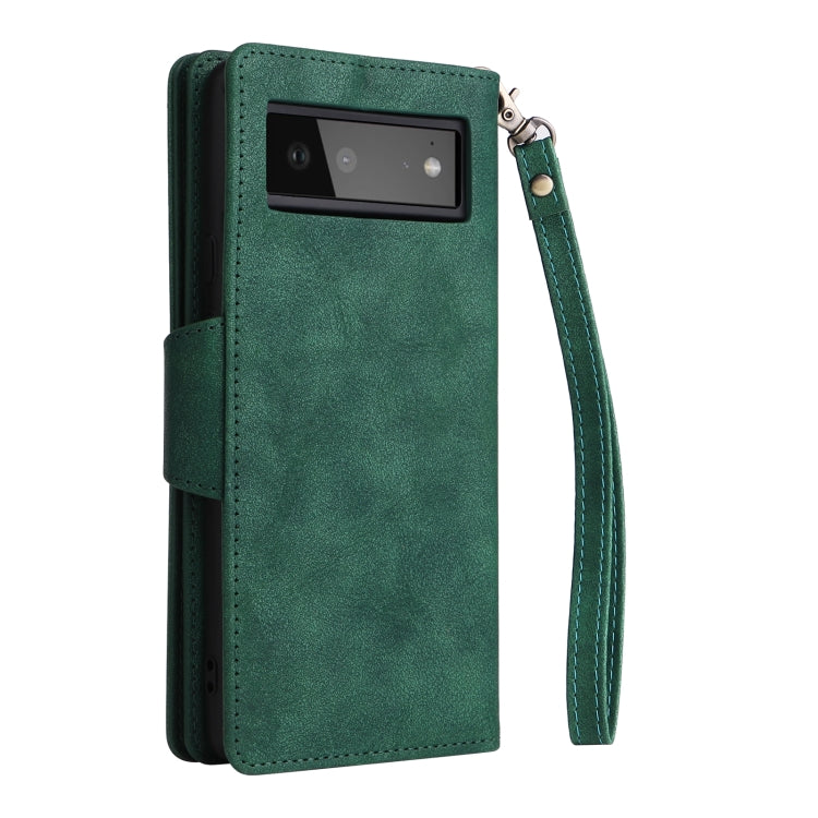 For Google Pixel 6 Rivet Buckle 9 Cards Three Fold Leather Phone Case(Green) - Google Cases by PMC TechLife | Online Shopping South Africa | PMC TechLife | Buy Now Pay Later Mobicred