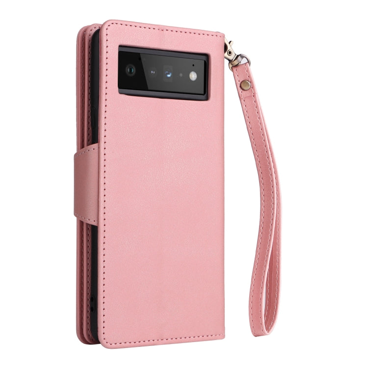 For Google Pixel 6 Pro Rivet Buckle 9 Cards Three Fold Leather Phone Case(Rose Gold) - Google Cases by PMC TechLife | Online Shopping South Africa | PMC TechLife | Buy Now Pay Later Mobicred