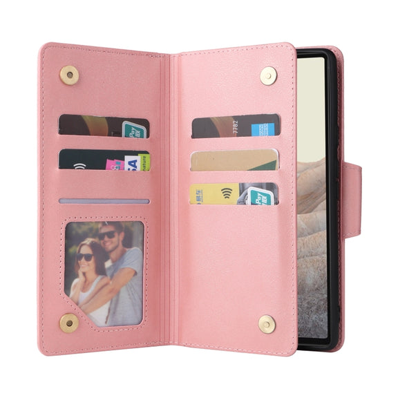 For Google Pixel 6 Pro Rivet Buckle 9 Cards Three Fold Leather Phone Case(Rose Gold)