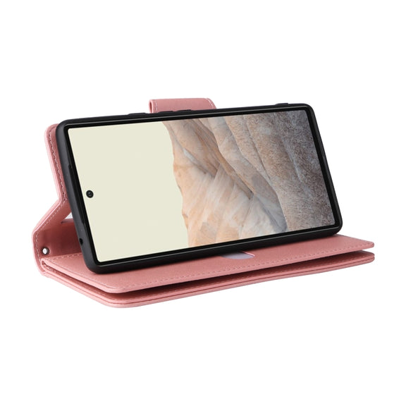 For Google Pixel 6 Pro Rivet Buckle 9 Cards Three Fold Leather Phone Case(Rose Gold)