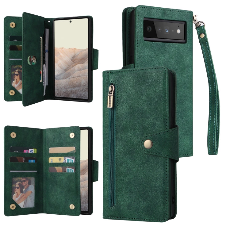 For Google Pixel 6 Pro Rivet Buckle 9 Cards Three Fold Leather Phone Case(Green) - Google Cases by PMC TechLife | Online Shopping South Africa | PMC TechLife | Buy Now Pay Later Mobicred