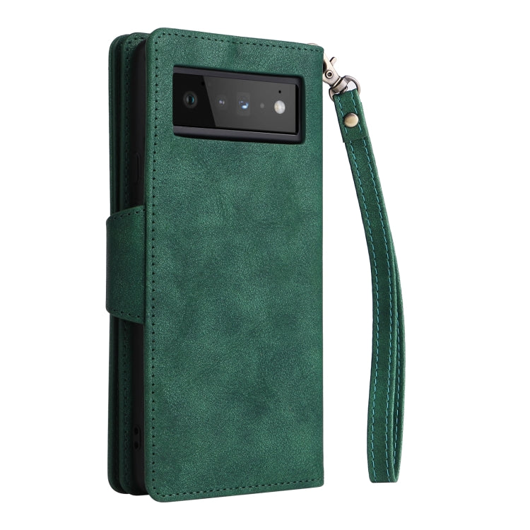 For Google Pixel 6 Pro Rivet Buckle 9 Cards Three Fold Leather Phone Case(Green) - Google Cases by PMC TechLife | Online Shopping South Africa | PMC TechLife | Buy Now Pay Later Mobicred