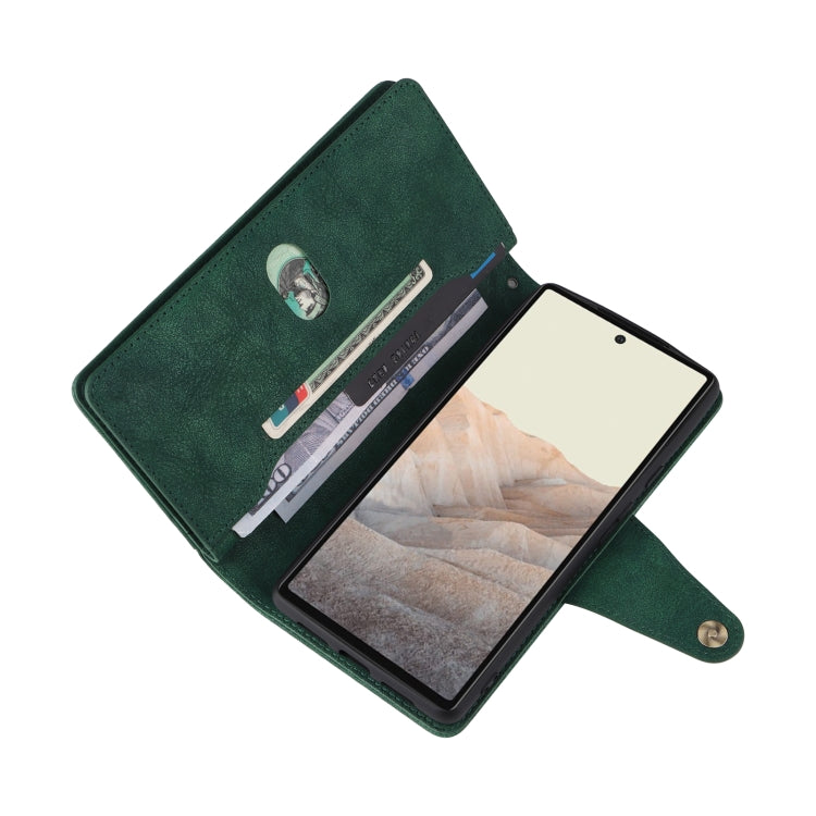 For Google Pixel 6 Pro Rivet Buckle 9 Cards Three Fold Leather Phone Case(Green)