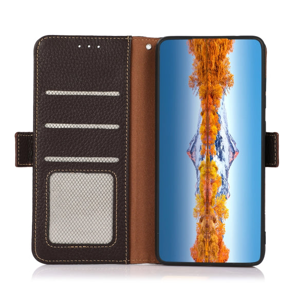 For Sony Xperia Ace III KHAZNEH Side-Magnetic Litchi Genuine Leather RFID Phone Case(Brown)