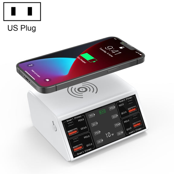 838w 9 in 1 100W 4 PD 3.0 USB-C / Type-C + 4 QC 3.0 USB Ports Smart Digital Display Wireless Charger, US Plug(White)