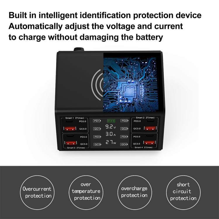 838w 9 in 1 100W 4 PD 3.0 USB-C / Type-C + 4 QC 3.0 USB Ports Smart Digital Display Wireless Charger, US Plug(White)