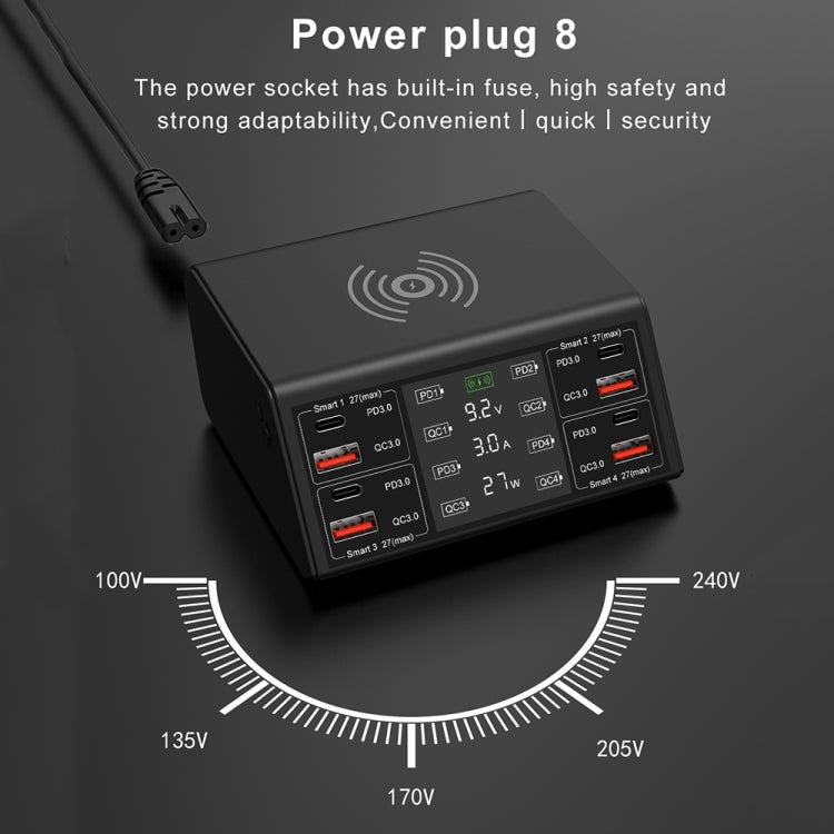 838w 9 in 1 100W 4 PD 3.0 USB-C / Type-C + 4 QC 3.0 USB Ports Smart Digital Display Wireless Charger, UK Plug(White)