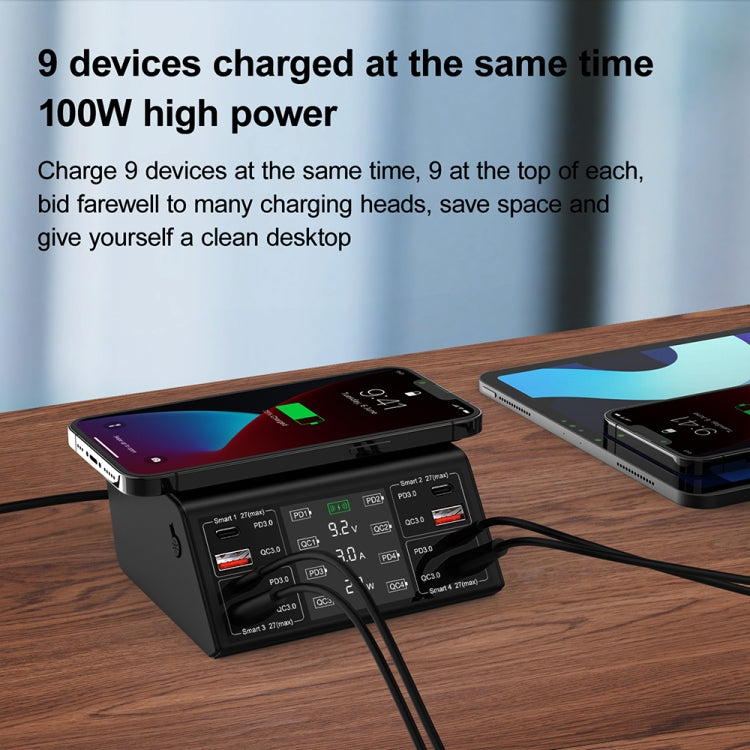 838w 9 in 1 100W 4 PD 3.0 USB-C / Type-C + 4 QC 3.0 USB Ports Smart Digital Display Wireless Charger, UK Plug(White)
