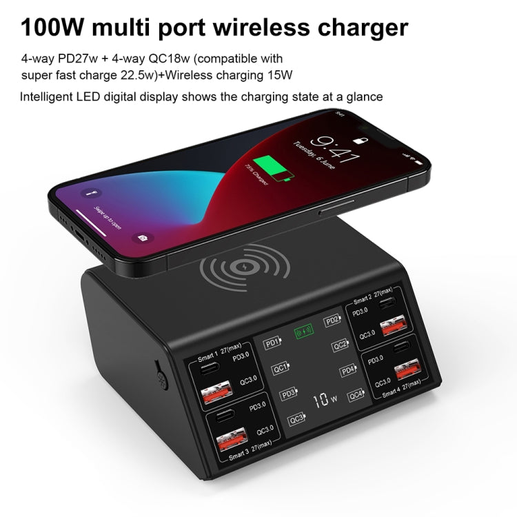 838w 9 in 1 100W 4 PD 3.0 USB-C / Type-C + 4 QC 3.0 USB Ports Smart Digital Display Wireless Charger, AU Plug(Black)
