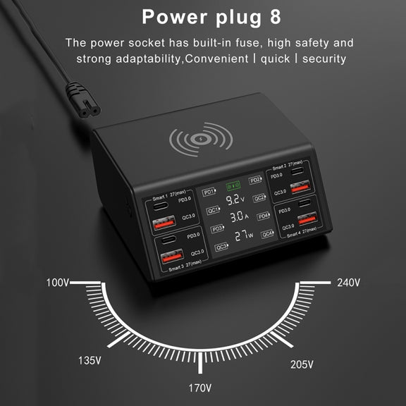 838w 9 in 1 100W 4 PD 3.0 USB-C / Type-C + 4 QC 3.0 USB Ports Smart Digital Display Wireless Charger, AU Plug(White)