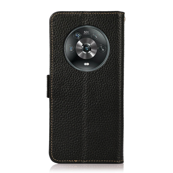For Honor Magic 4 KHAZNEH Side-Magnetic Litchi Genuine Leather RFID Phone Case(Black)