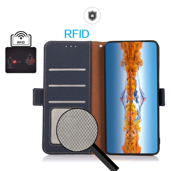 For Honor Magic 4 KHAZNEH Side-Magnetic Litchi Genuine Leather RFID Phone Case(Blue)
