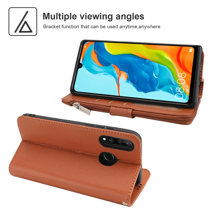 For Huawei P30 Lite Microfiber Zipper Horizontal Flip Leather Case(Brown) - Huawei Cases by PMC TechLife | Online Shopping South Africa | PMC TechLife | Buy Now Pay Later Mobicred
