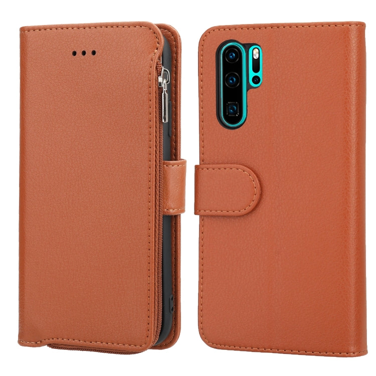 For Huawei P30 Pro Microfiber Zipper Horizontal Flip Leather Case(Brown) - Huawei Cases by PMC TechLife | Online Shopping South Africa | PMC TechLife | Buy Now Pay Later Mobicred