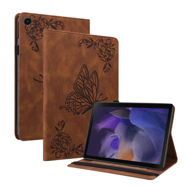 For Realme Pad Butterfly Flower Embossed Leather Tablet Case(Brown)