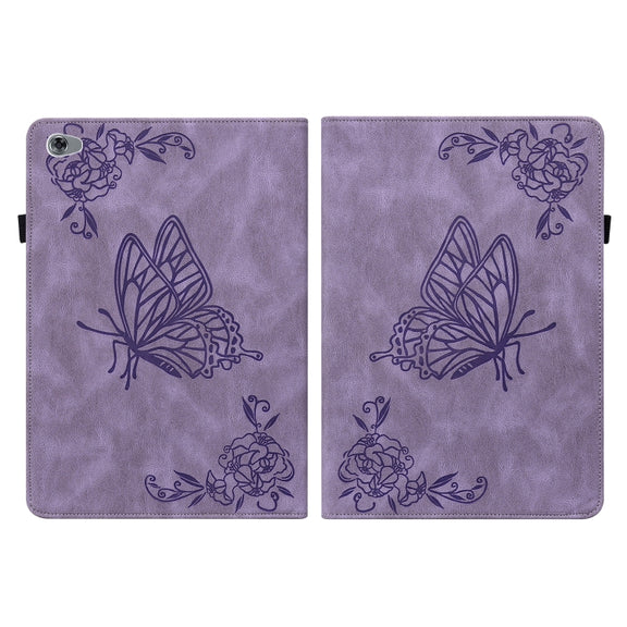 For Huawei MediaPad M5 Lite Butterfly Flower Embossed Leather Tablet Case(Purple)