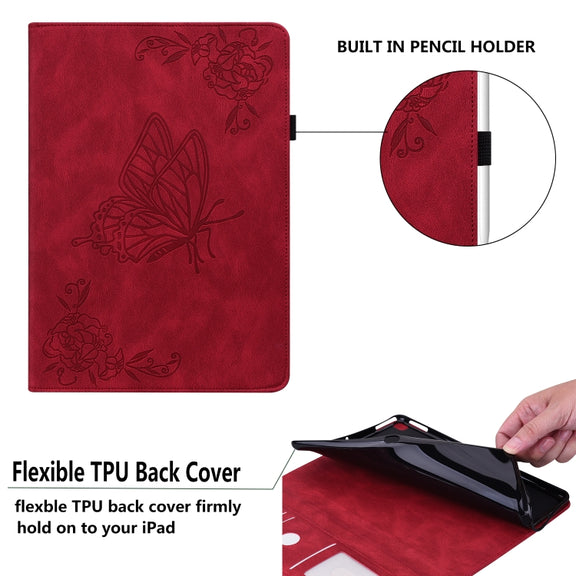For Lenovo Tab M10 Plus 10.6 3rd Gen Butterfly Flower Embossed Leather Tablet Case(Red)