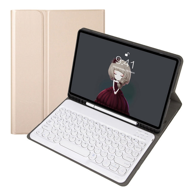 YA08B Lambskin Texture Voltage Round Keycap Bluetooth Keyboard Leather Case For Samsung Galaxy Tab A8 10.5 2021 SM-X200 / SM-X205(Gold)