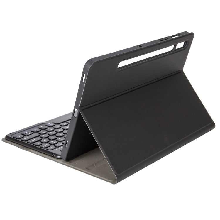 YA700B Lambskin Texture Voltage Round Keycap Bluetooth Keyboard Leather Case For Samsung Galaxy Tab S8 11 inch SM-X700 / SM-X706 & S7 11 inch SM-X700 / SM-T875(Black)