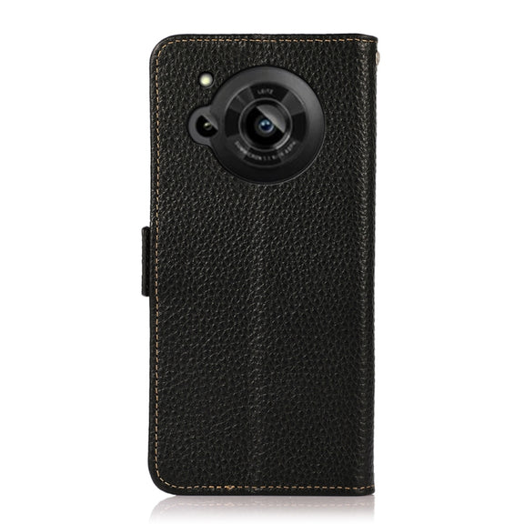 For Sharp Aquos R7 KHAZNEH Side-Magnetic Litchi Genuine Leather RFID Phone Case(Black)