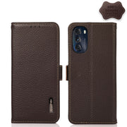 For Motorola Moto G 2022 5G KHAZNEH Side-Magnetic Litchi Genuine Leather RFID Phone Case(Brown)