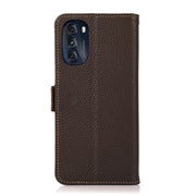 For Motorola Moto G 2022 5G KHAZNEH Side-Magnetic Litchi Genuine Leather RFID Phone Case(Brown)