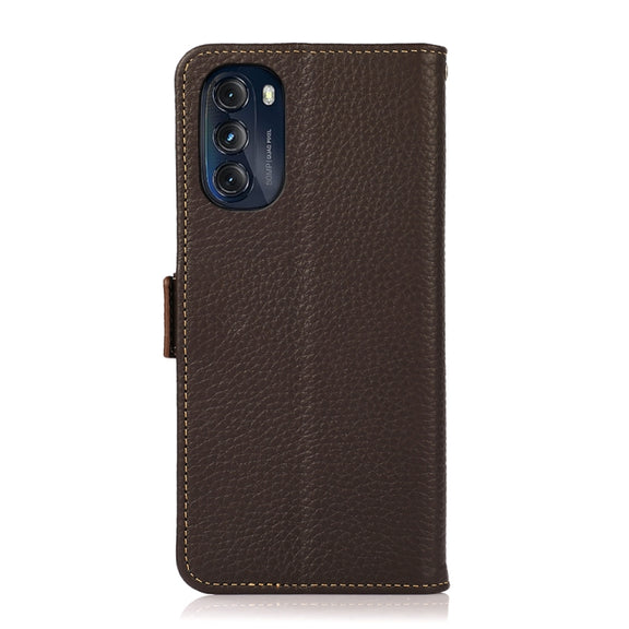 For Motorola Moto G 2022 5G KHAZNEH Side-Magnetic Litchi Genuine Leather RFID Phone Case(Brown)