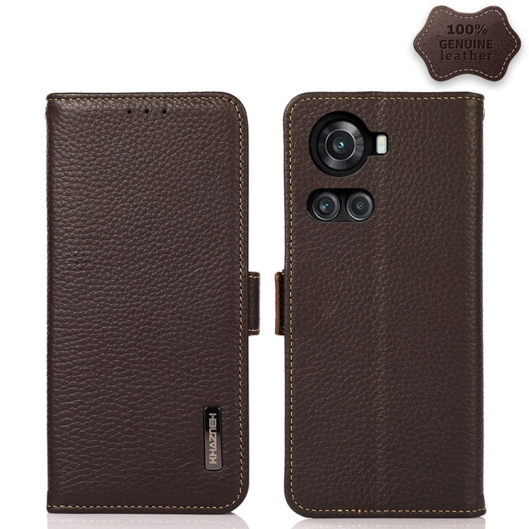 For OnePlus 10R / Ace KHAZNEH Side-Magnetic Litchi Genuine Leather RFID Phone Case(Brown) - OnePlus Cases by PMC TechLife | Online Shopping South Africa | PMC TechLife | Buy Now Pay Later Mobicred