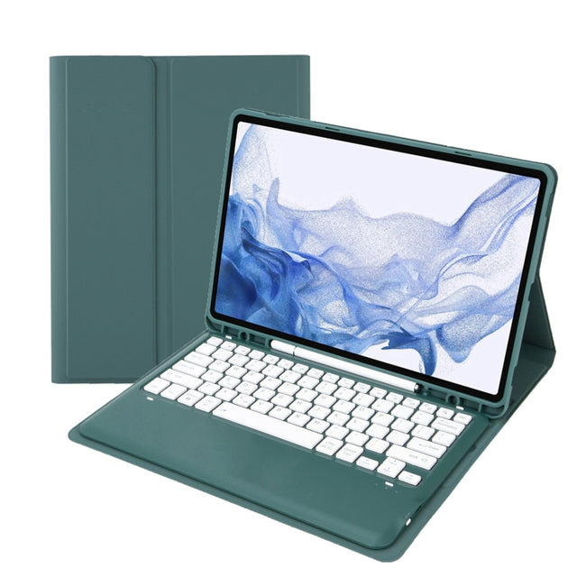 T800B Pen Slot Detachable Bluetooth Keyboard Leather Tablet Case For Samsung Galaxy Tab S8+/S7+/S7 FE(Dark Green)